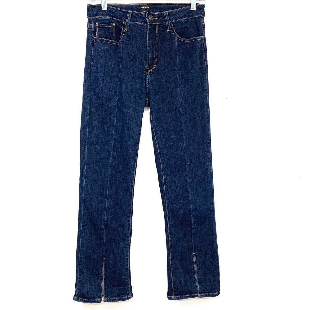 Just Black Denim Front Seam Split Hem High Rise Straight Leg Jeans Dark Wash 27